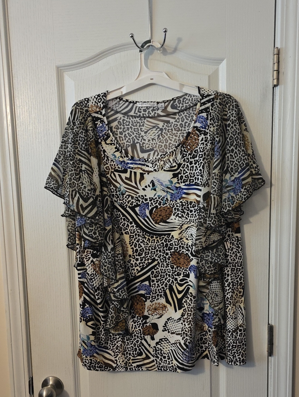 Notations Women, Women's Mixed Animal Print Ruffle Sleeve Top - Blue Accent